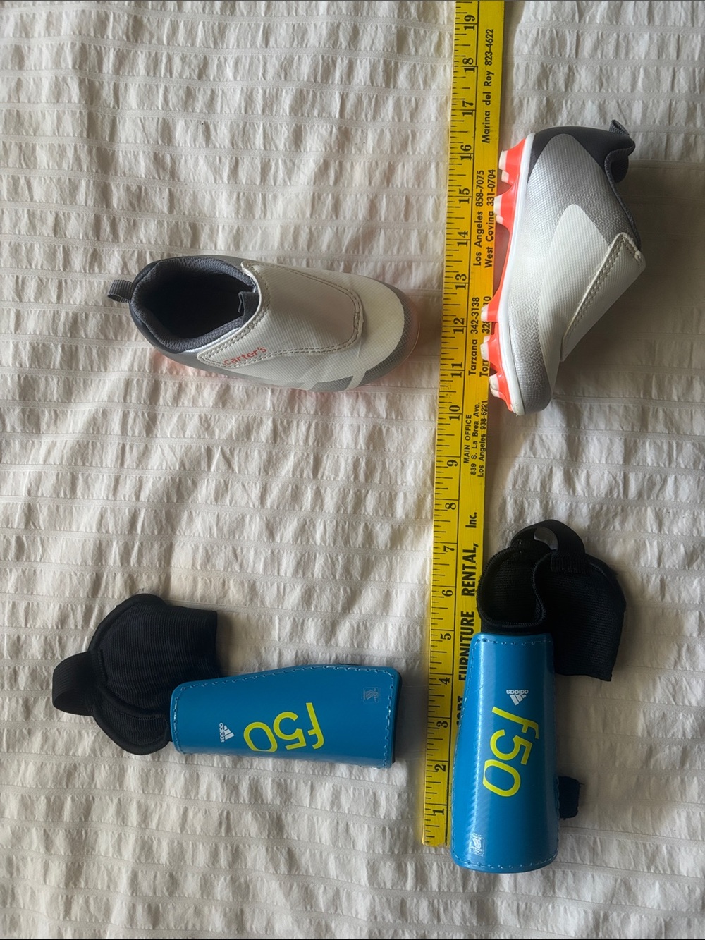 Toddler Kids Soccer Cleats in White and Gray with Blue Adidas Shinguards - Picture 10 of 10